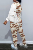Brown Casual Print Patchwork Buckle Long Sleeve Two Pieces