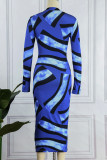 Blue Sexy Print Patchwork O Neck Dresses