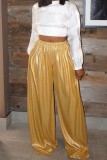 Yellow Casual Solid Basic Regular High Waist Wide Leg Solid Color Trousers