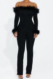 Black Casual Solid Patchwork Off the Shoulder Skinny Jumpsuits