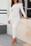 White Casual Solid Patchwork Beading Off the Shoulder Long Sleeve Dresses