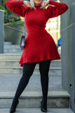 Red Casual Solid Patchwork O Neck A Line Dresses