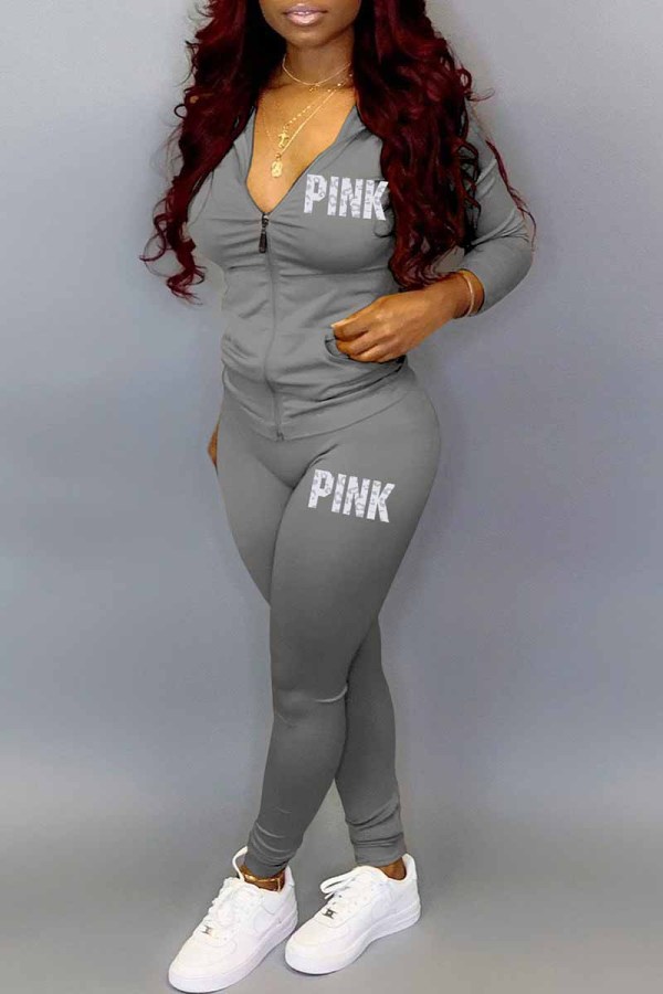 Grey Casual Print Letter Hooded Collar Long Sleeve Two Pieces