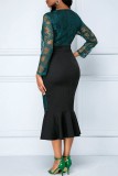Blue Casual Patchwork Lace O Neck Long Sleeve Dresses