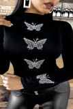 Black Casual Solid Patchwork Hot Drill O Neck Tops