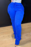 Blue Casual Solid Pocket Boot Cut Mid Waist Bottoms