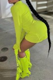 Mustard Green Sexy Casual Solid Patchwork Turndown Collar Long Sleeve Dresses