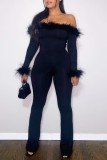 Black Casual Solid Patchwork Off the Shoulder Skinny Jumpsuits