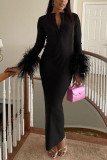 White Sexy Solid Feathers Basic O Neck Long Sleeve Dresses
