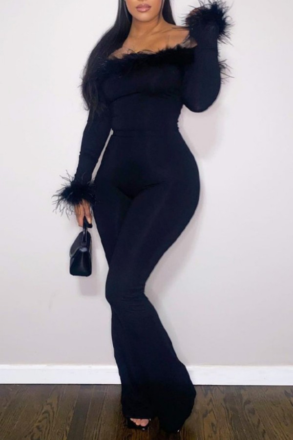 Black Casual Solid Patchwork Off the Shoulder Skinny Jumpsuits