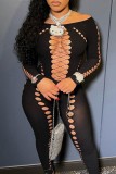 Black Sexy Solid Ripped Hollowed Out O Neck Skinny Jumpsuits