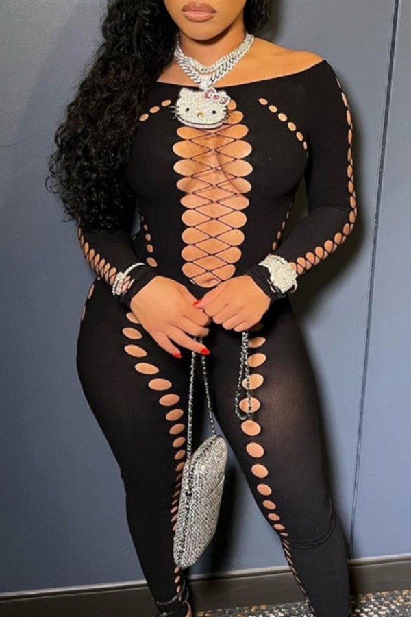 Black Sexy Solid Ripped Hollowed Out O Neck Skinny Jumpsuits