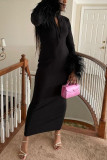 White Sexy Solid Feathers Basic O Neck Long Sleeve Dresses