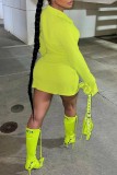 Mustard Green Sexy Casual Solid Patchwork Turndown Collar Long Sleeve Dresses