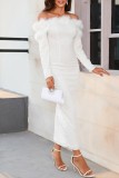 White Casual Solid Patchwork Beading Off the Shoulder Long Sleeve Dresses
