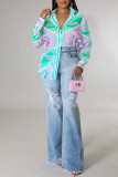 Rose Red Casual Print Patchwork Buckle Turndown Collar Tops