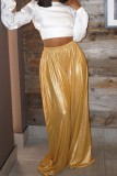 Yellow Casual Solid Basic Regular High Waist Wide Leg Solid Color Trousers