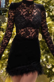Black Sexy Solid Patchwork Feathers Half A Turtleneck Pencil Skirt Dresses