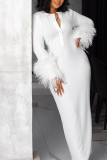 White Sexy Solid Feathers Basic O Neck Long Sleeve Dresses