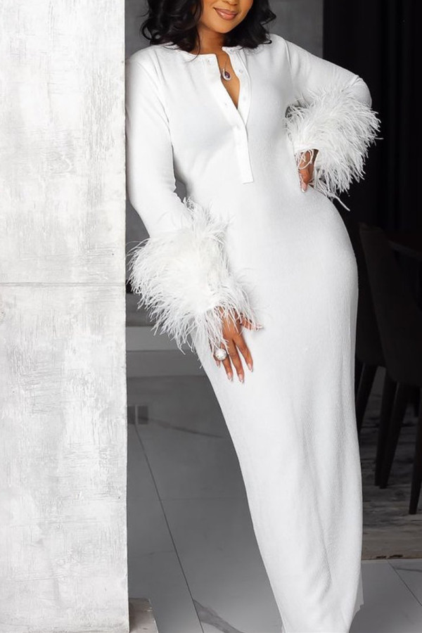 White Sexy Solid Feathers Basic O Neck Long Sleeve Dresses