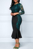Blue Casual Patchwork Lace O Neck Long Sleeve Dresses