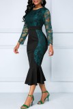 Blue Casual Patchwork Lace O Neck Long Sleeve Dresses