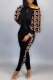 Brown Sexy Casual Print Patchwork Contrast O Neck Long Sleeve Two Pieces
