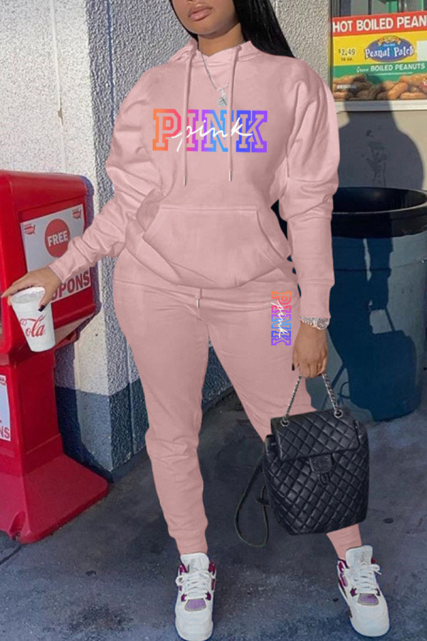 Pink Casual Street Print Patchwork Hooded Collar Long Sleeve Two Pieces