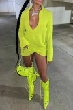 Mustard Green Sexy Casual Solid Patchwork Turndown Collar Long Sleeve Dresses