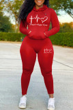 Red Casual Print Patchwork Hooded Collar Long Sleeve Two Pieces