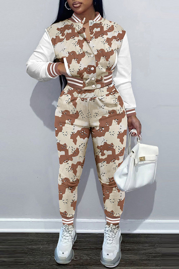 Khaki Casual Print Patchwork Buckle Long Sleeve Two Pieces