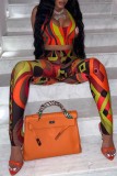 Orange Sexy Casual Print Vests Pants U Neck Sleeveless Two Pieces