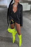 Mustard Green Sexy Casual Solid Patchwork Turndown Collar Long Sleeve Dresses