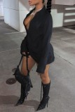 Mustard Green Sexy Casual Solid Patchwork Turndown Collar Long Sleeve Dresses