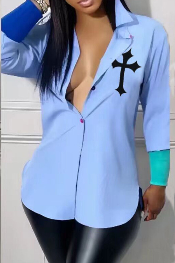 Light Blue Casual Print Patchwork Buckle Turndown Collar Tops