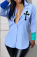 Light Blue Casual Print Patchwork Buckle Turndown Collar Tops
