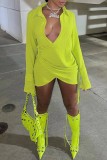 Mustard Green Sexy Casual Solid Patchwork Turndown Collar Long Sleeve Dresses