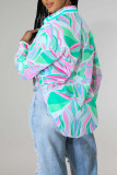 Rose Red Casual Print Patchwork Buckle Turndown Collar Tops