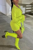 Mustard Green Sexy Casual Solid Patchwork Turndown Collar Long Sleeve Dresses