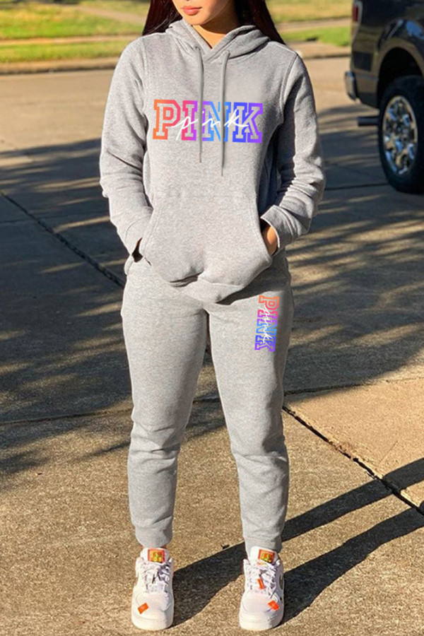 Grey Casual Street Print Patchwork Hooded Collar Long Sleeve Two Pieces