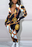 Gold Sexy Print Printing Zipper Zipper Collar Regular Jumpsuits