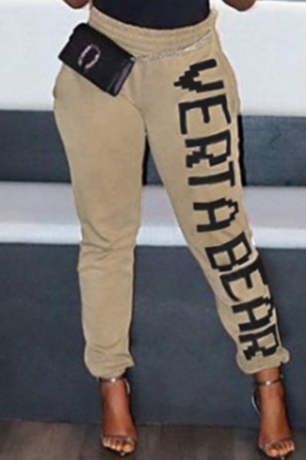 Khaki Casual Letter Print Basic Regular High Waist Pencil Trousers
