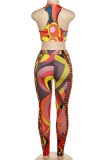 Orange Sexy Casual Print Vests Pants U Neck Sleeveless Two Pieces