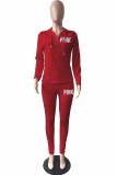 Red Casual Print Letter Hooded Collar Long Sleeve Two Pieces