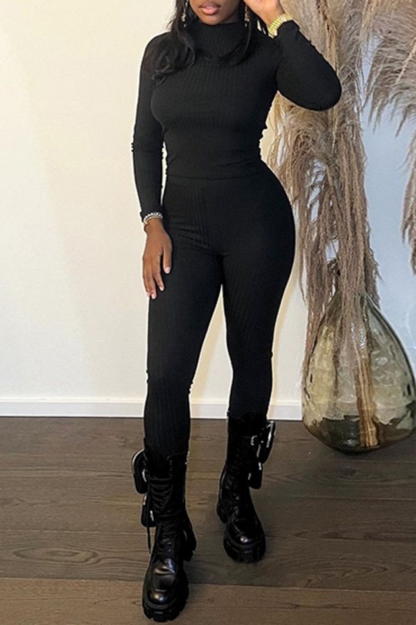 Black Casual Solid Basic O Neck Long Sleeve Two Pieces