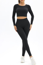 Black Casual Sportswear Solid Patchwork Backless O Neck Long Sleeve Two Pieces