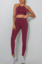 Burgundy Sportswear Solid Patchwork Backless Spaghetti Strap Sleeveless Two Pieces
