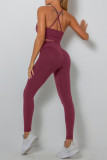 Burgundy Sportswear Solid Patchwork Backless Spaghetti Strap Sleeveless Two Pieces