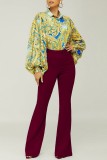 Burgundy Casual Solid Basic Regular High Waist Conventional Solid Color Trousers