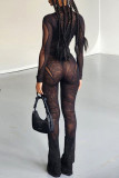 Black Sexy Solid Hollowed Out Patchwork See-through O Neck Long Sleeve Two Pieces